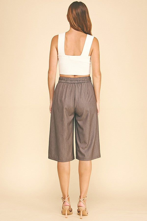 Faux Denim Drawstring Stretch Waist Capri Shorts