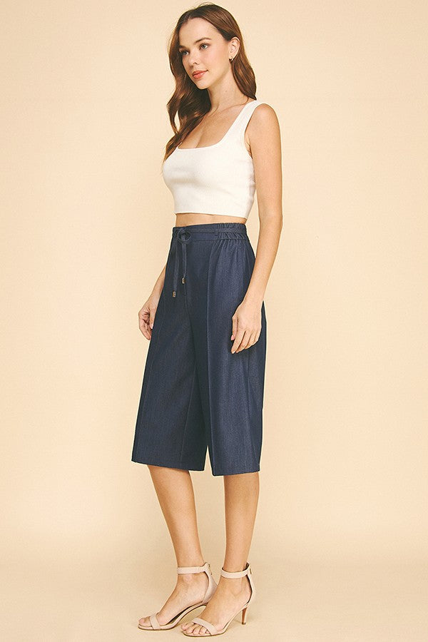Faux Denim Drawstring Stretch Waist Capri Shorts