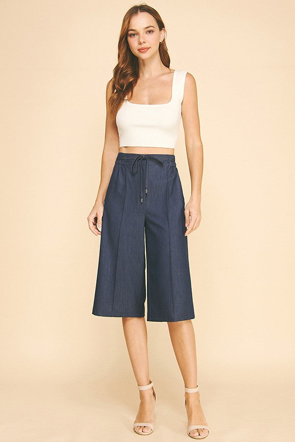 Faux Denim Drawstring Stretch Waist Capri Shorts