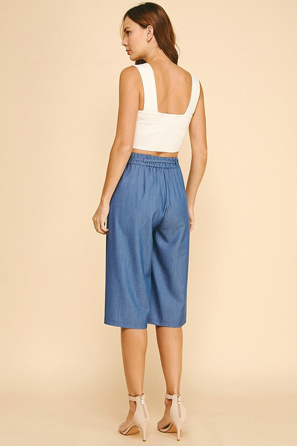 Faux Denim Drawstring Stretch Waist Capri Shorts