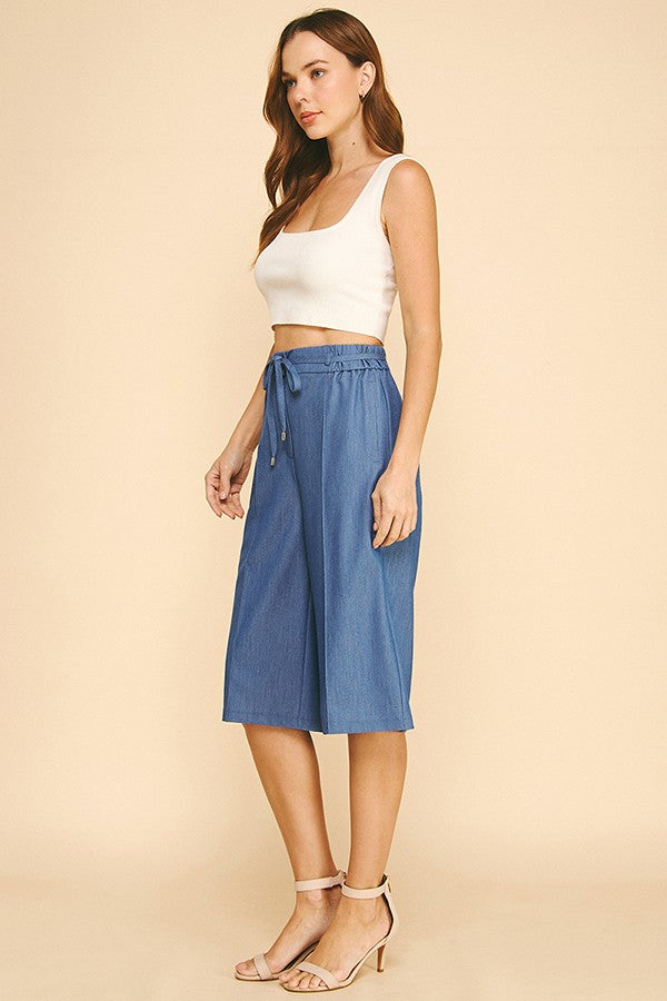 Faux Denim Drawstring Stretch Waist Capri Shorts