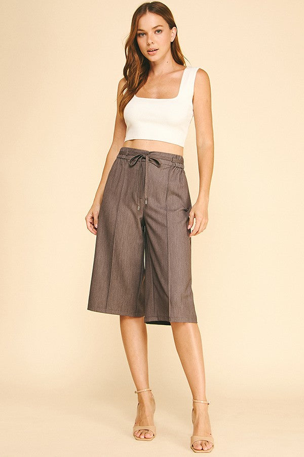 Faux Denim Drawstring Stretch Waist Capri Shorts
