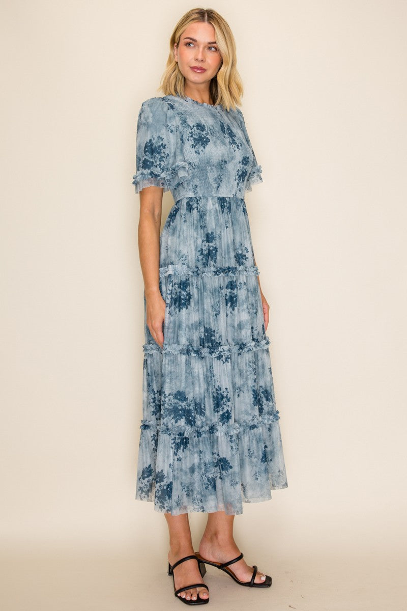 Printed Mesh Ruffle Midi Dress