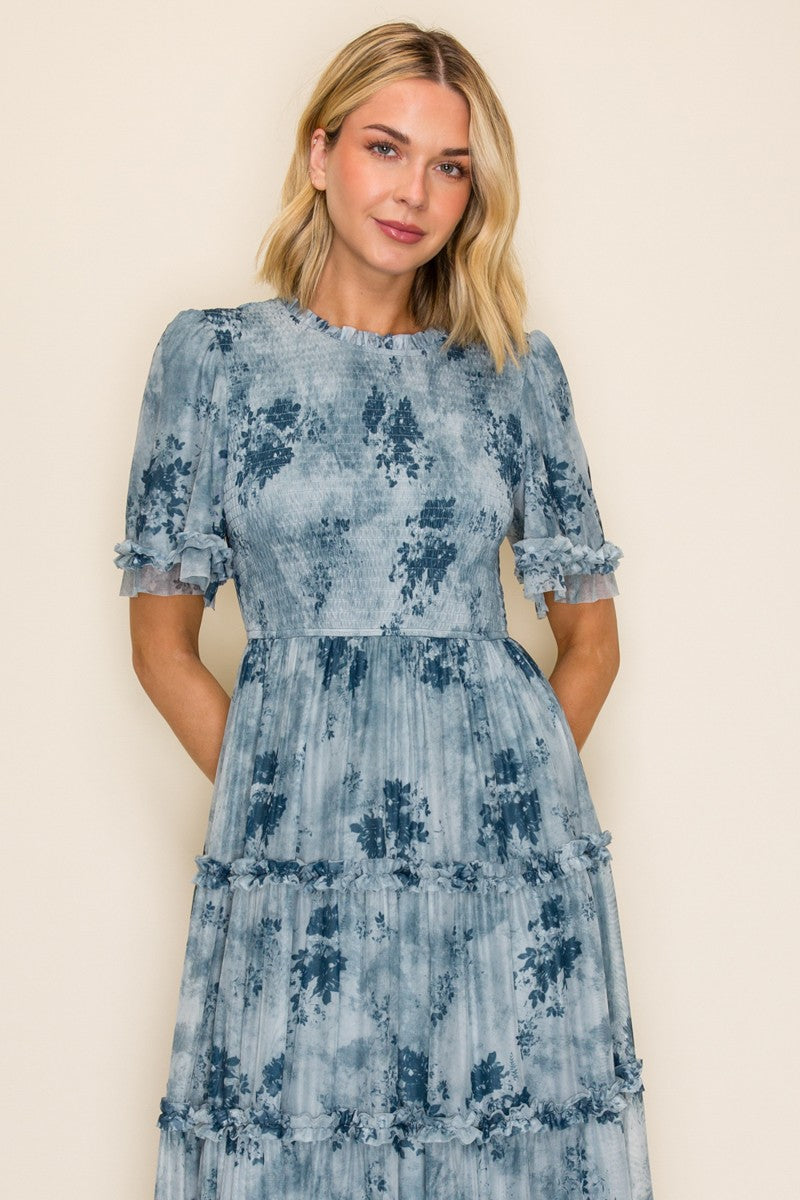 Printed Mesh Ruffle Midi Dress