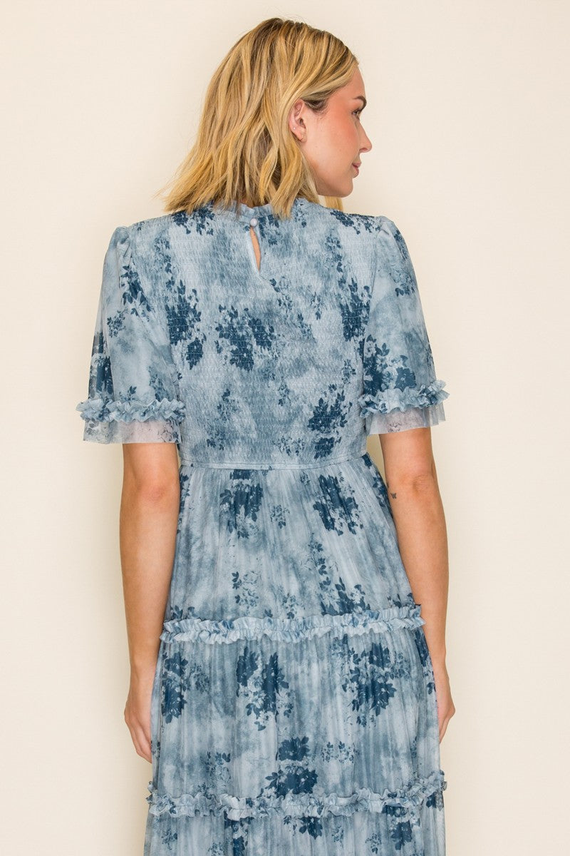 Printed Mesh Ruffle Midi Dress