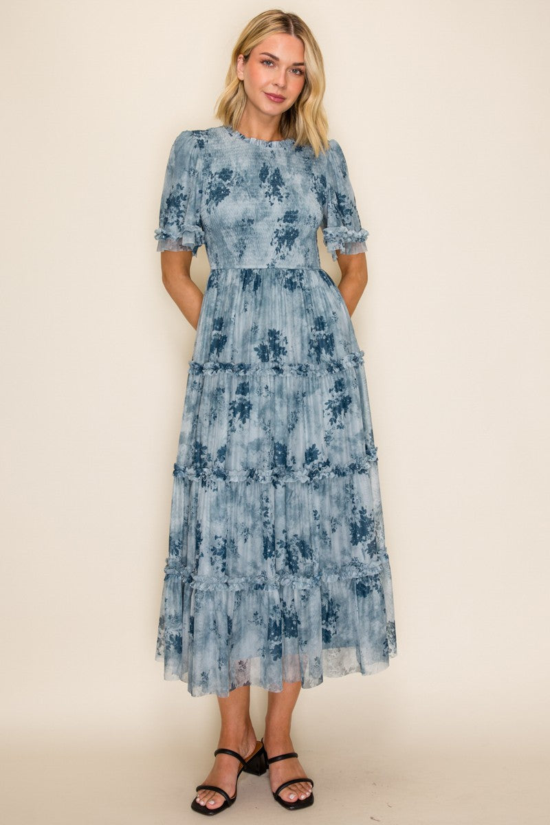 Printed Mesh Ruffle Midi Dress