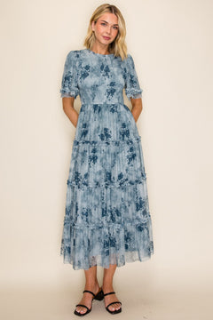 Printed Mesh Ruffle Midi Dress