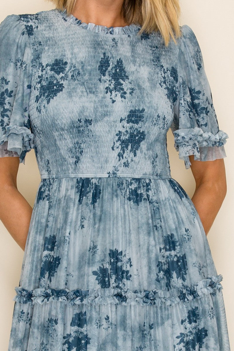 Printed Mesh Ruffle Midi Dress