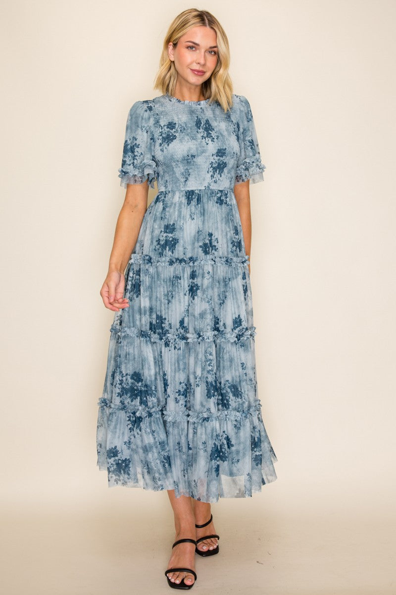 Printed Mesh Ruffle Midi Dress