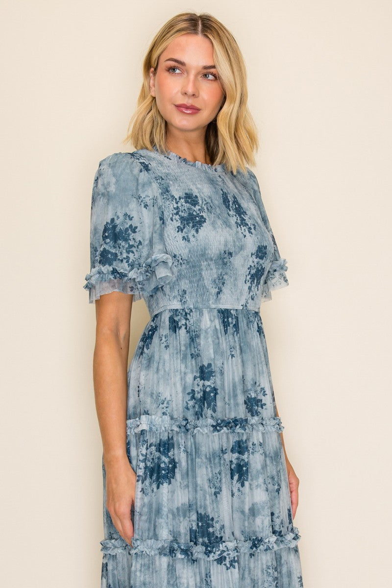 Printed Mesh Ruffle Midi Dress