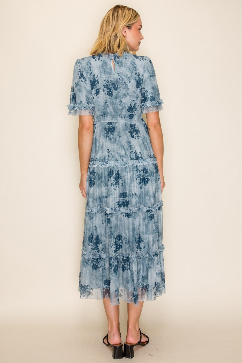 Printed Mesh Ruffle Midi Dress