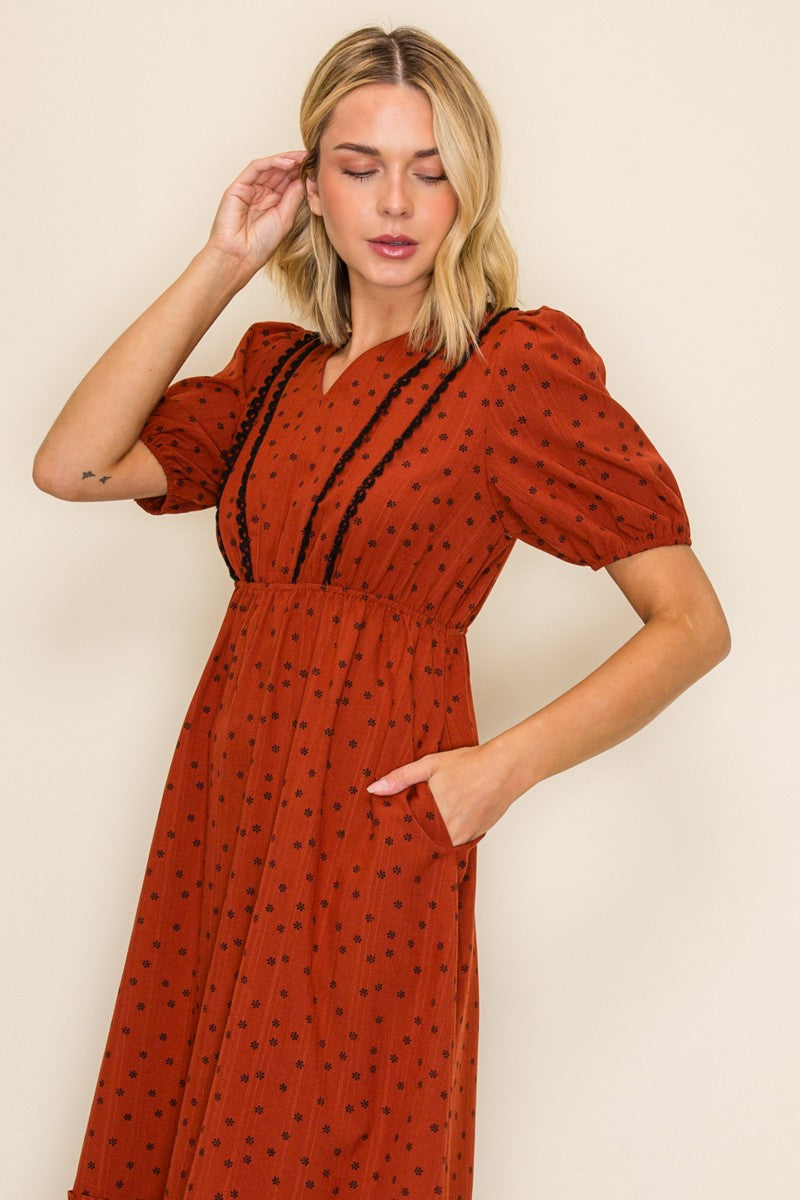 Floral Dot Lace Trim Midi Dress