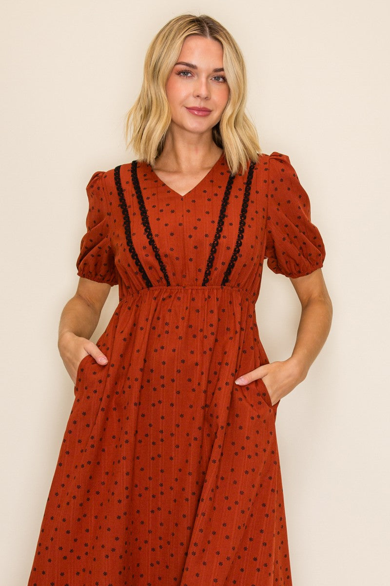 Floral Dot Lace Trim Midi Dress