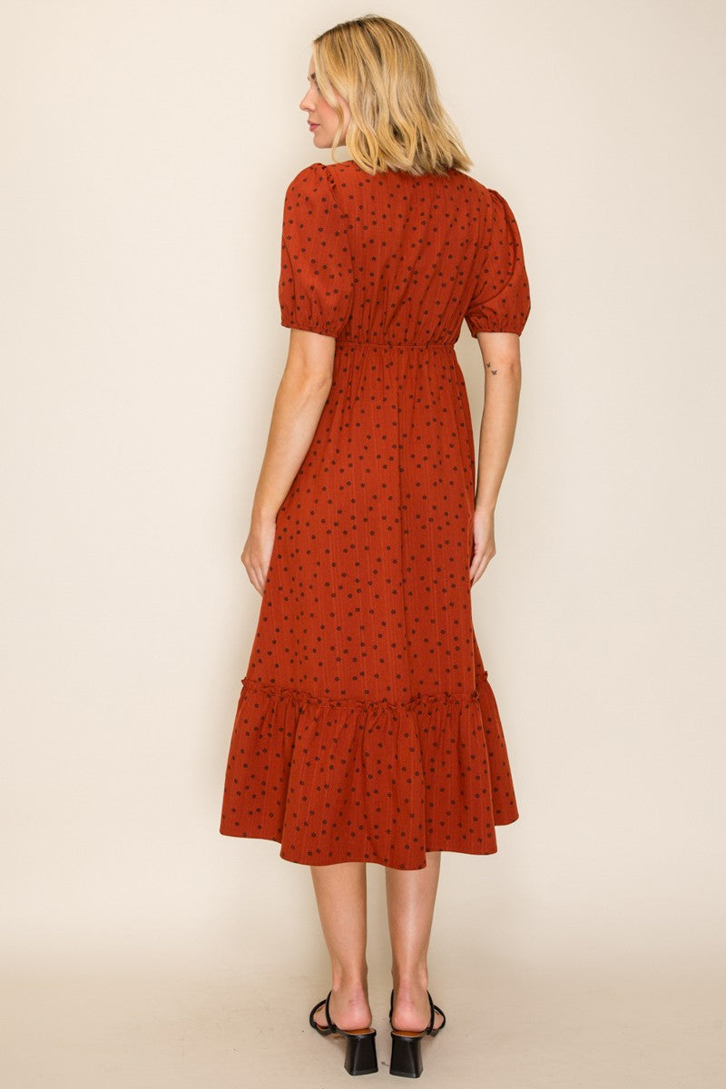 Floral Dot Lace Trim Midi Dress