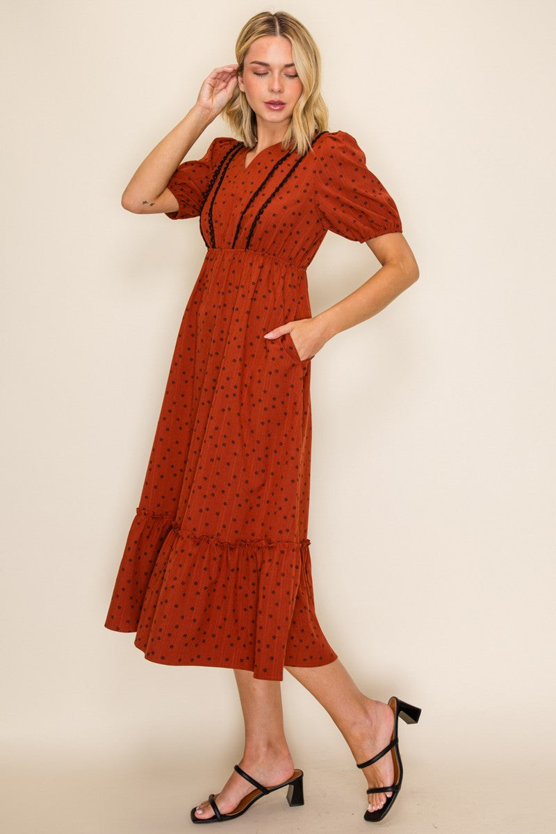 Floral Dot Lace Trim Midi Dress