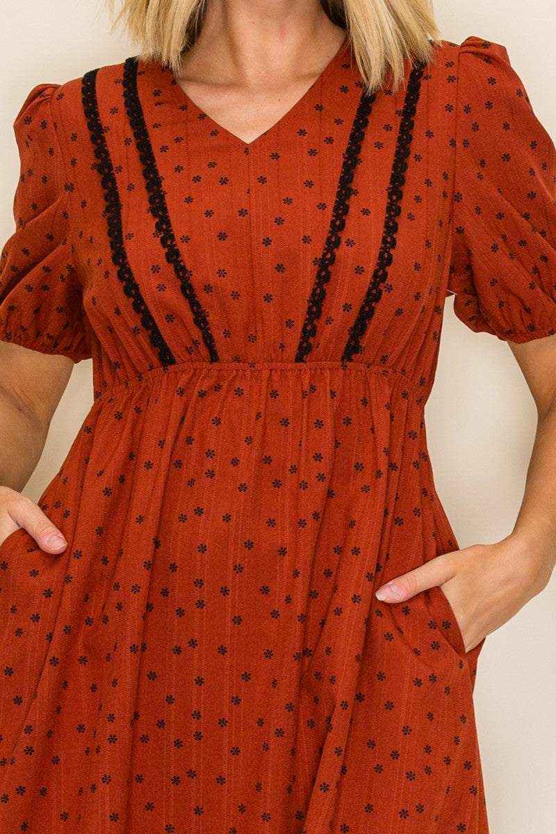 Floral Dot Lace Trim Midi Dress