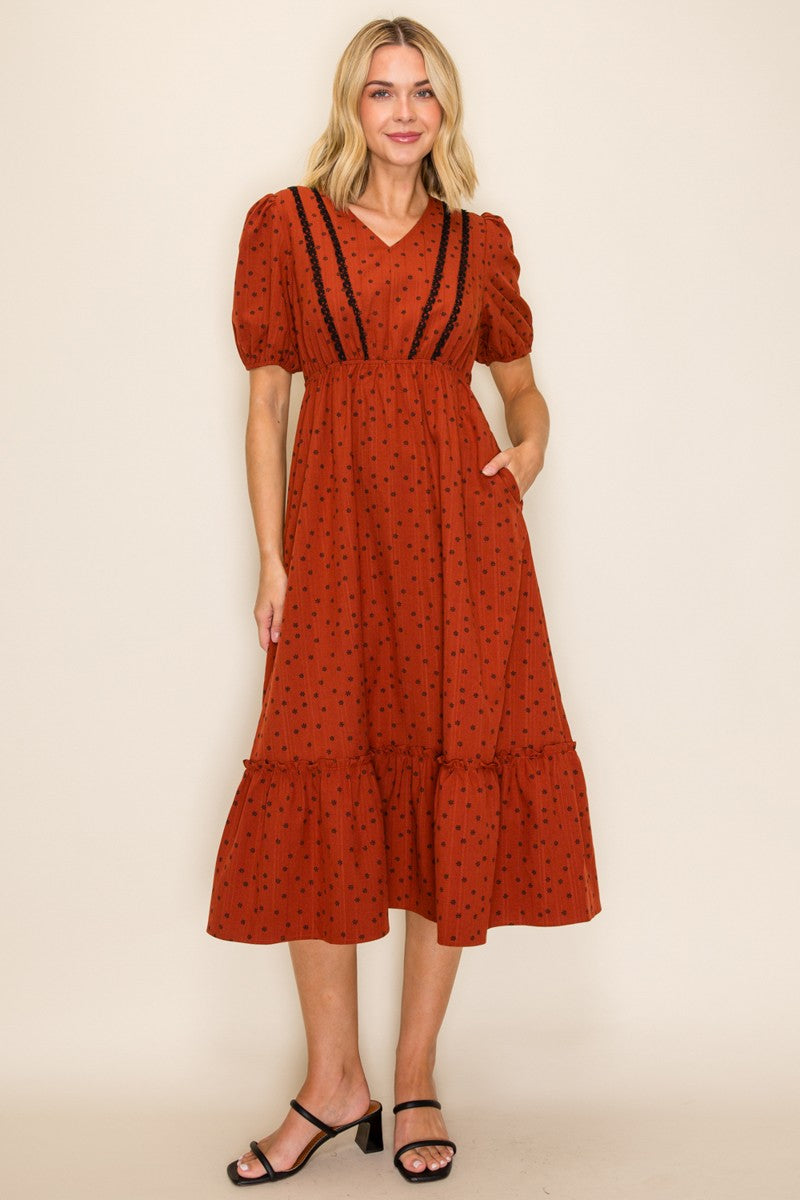 Floral Dot Lace Trim Midi Dress