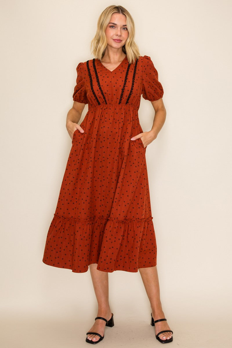 Floral Dot Lace Trim Midi Dress