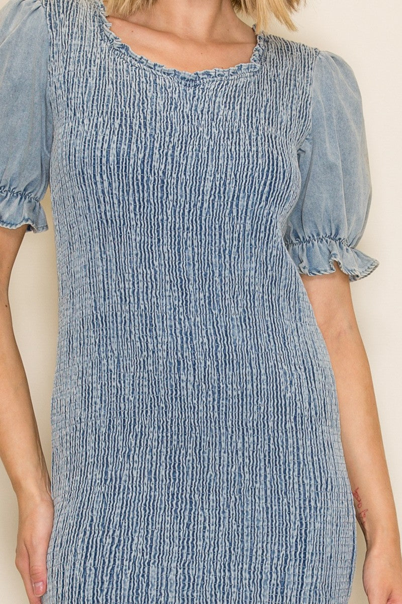 Round Neck Slim Fit Smocked Denim Dress Bodycon