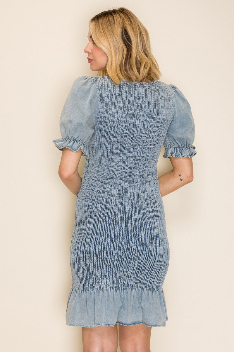 Round Neck Slim Fit Smocked Denim Dress Bodycon