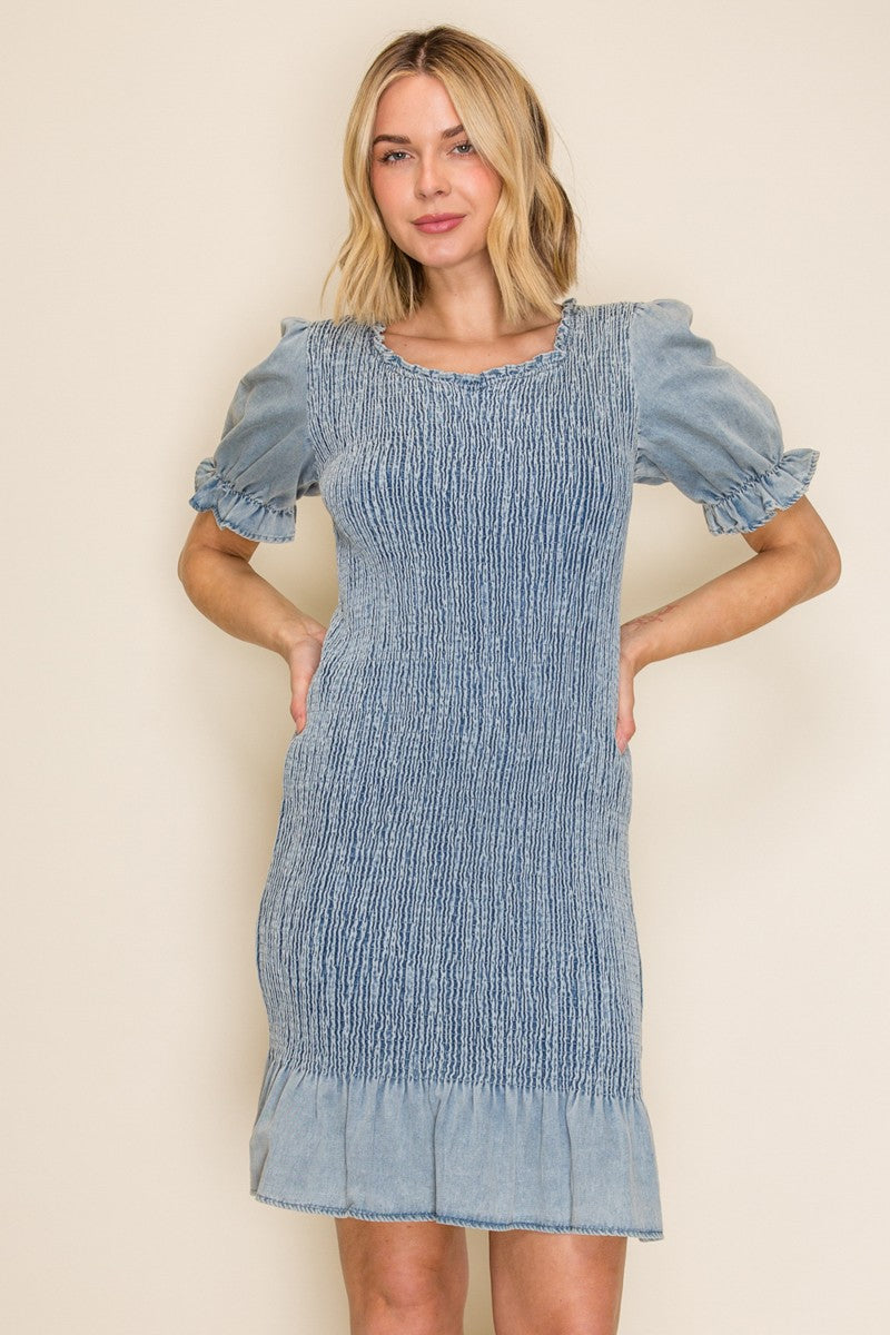 Round Neck Slim Fit Smocked Denim Dress Bodycon