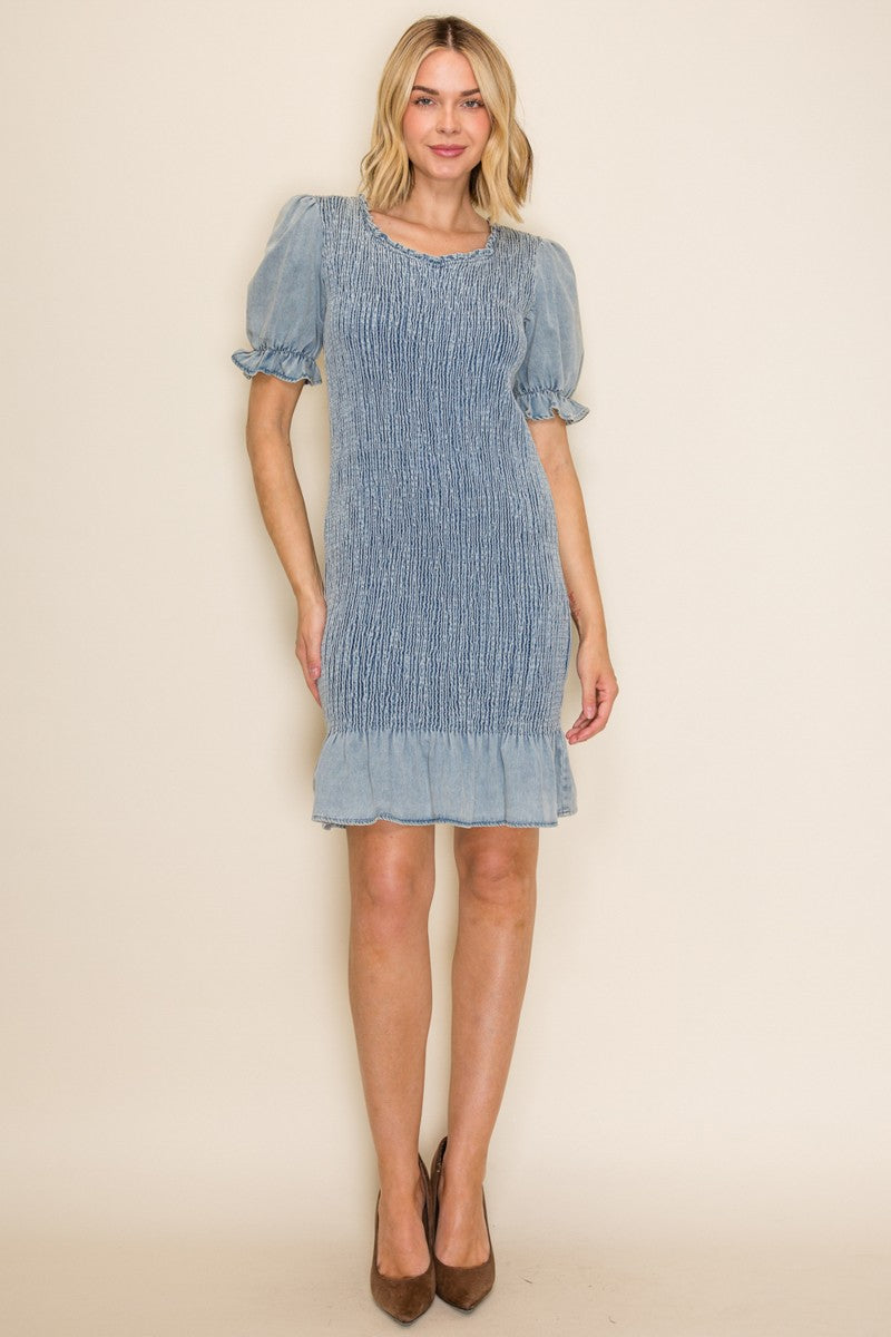Round Neck Slim Fit Smocked Denim Dress Bodycon