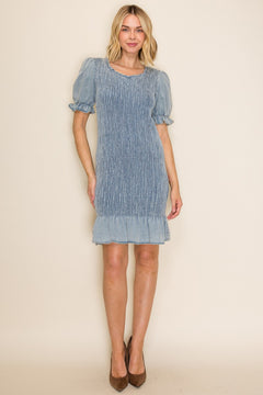 Round Neck Slim Fit Smocked Denim Dress Bodycon