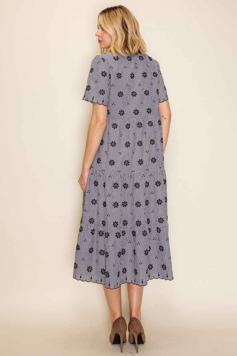 Gingham Embroidered Babydoll Midi Dress