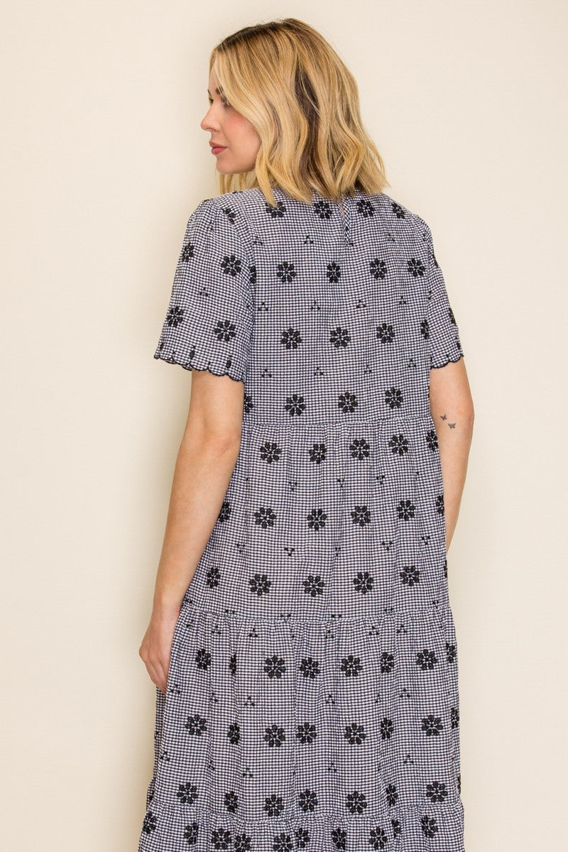 Gingham Embroidered Babydoll Midi Dress