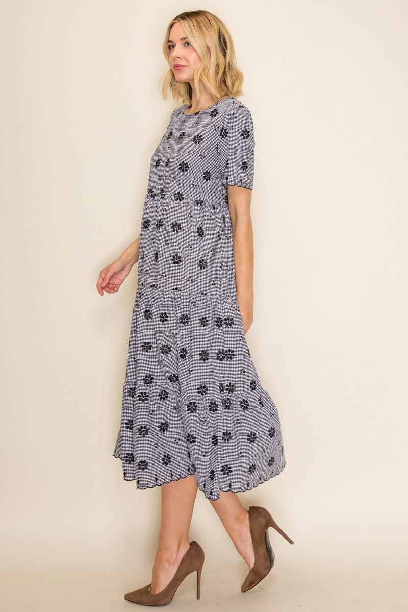 Gingham Embroidered Babydoll Midi Dress