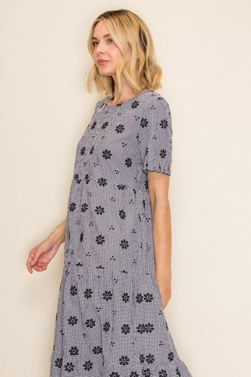 Gingham Embroidered Babydoll Midi Dress