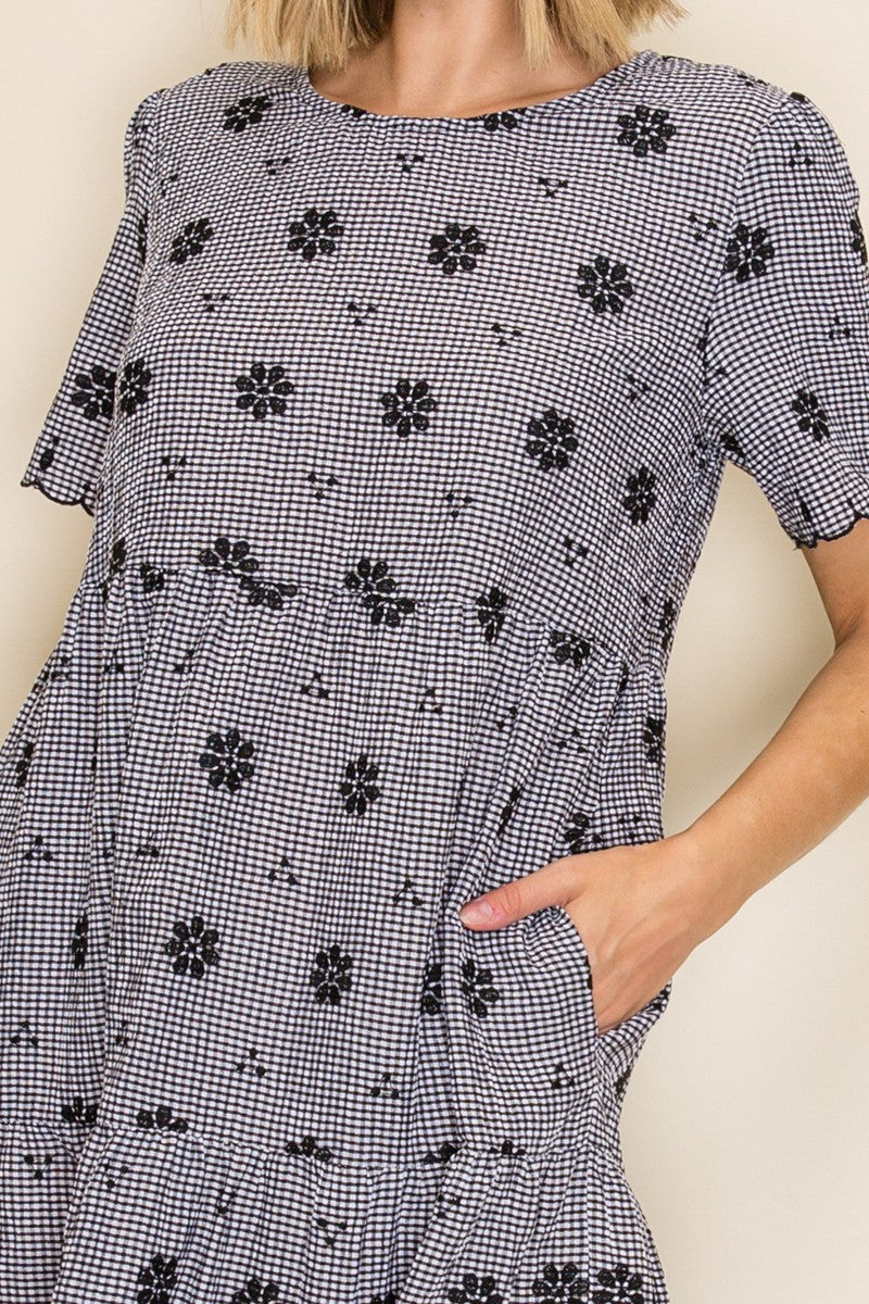 Gingham Embroidered Babydoll Midi Dress