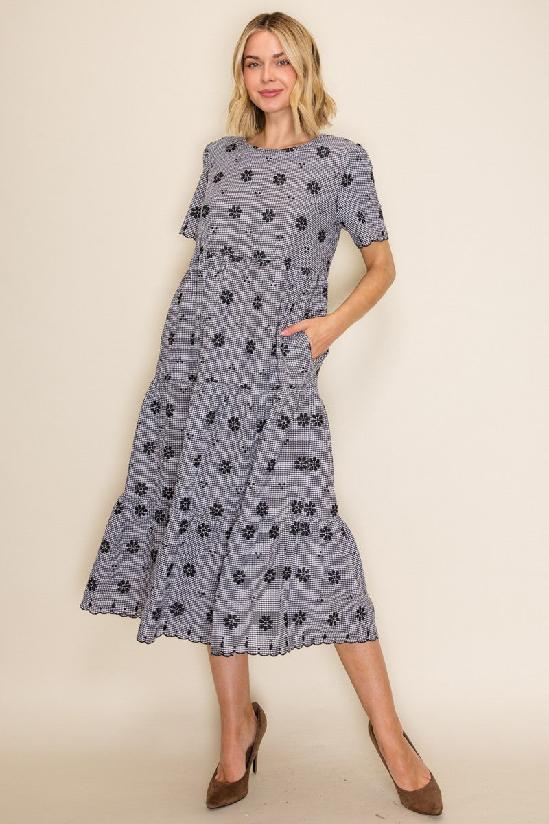 Gingham Embroidered Babydoll Midi Dress