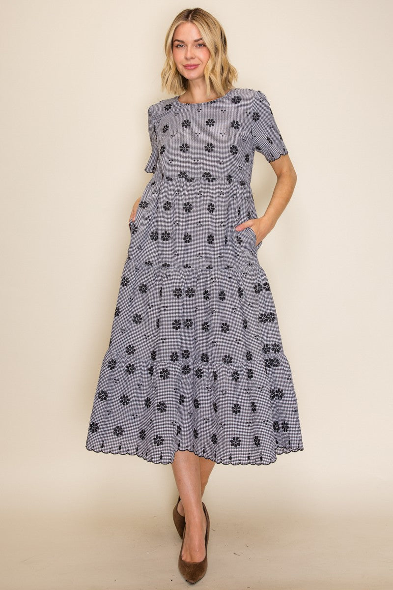 Gingham Embroidered Babydoll Midi Dress