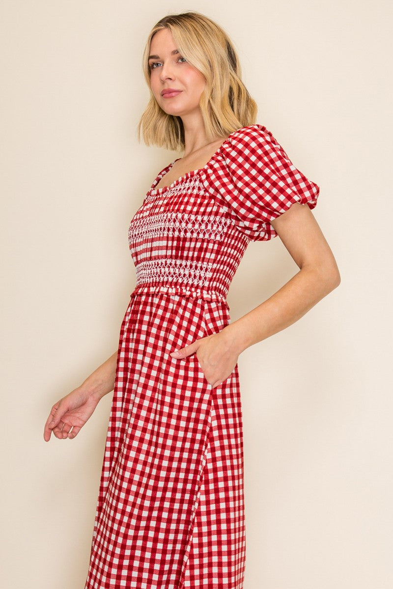 Plus Size Smocked Bodice Gingham Puff Sleeve Dress