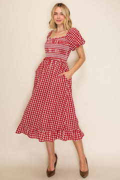 Smocked Bodice Gingham Puff Sleeve Dress