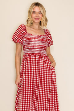 Plus Size Smocked Bodice Gingham Puff Sleeve Dress