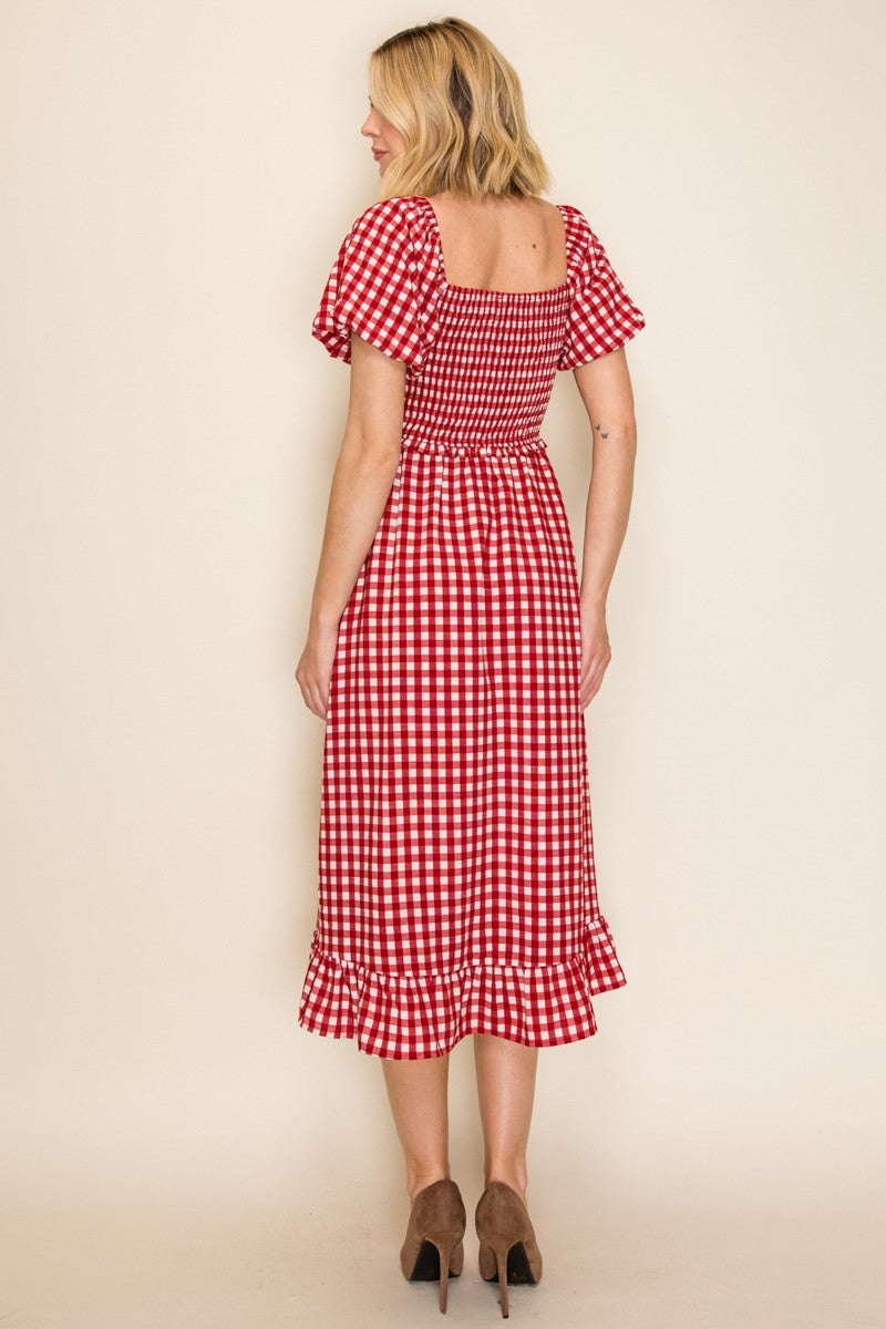 Smocked Bodice Gingham Puff Sleeve Dress