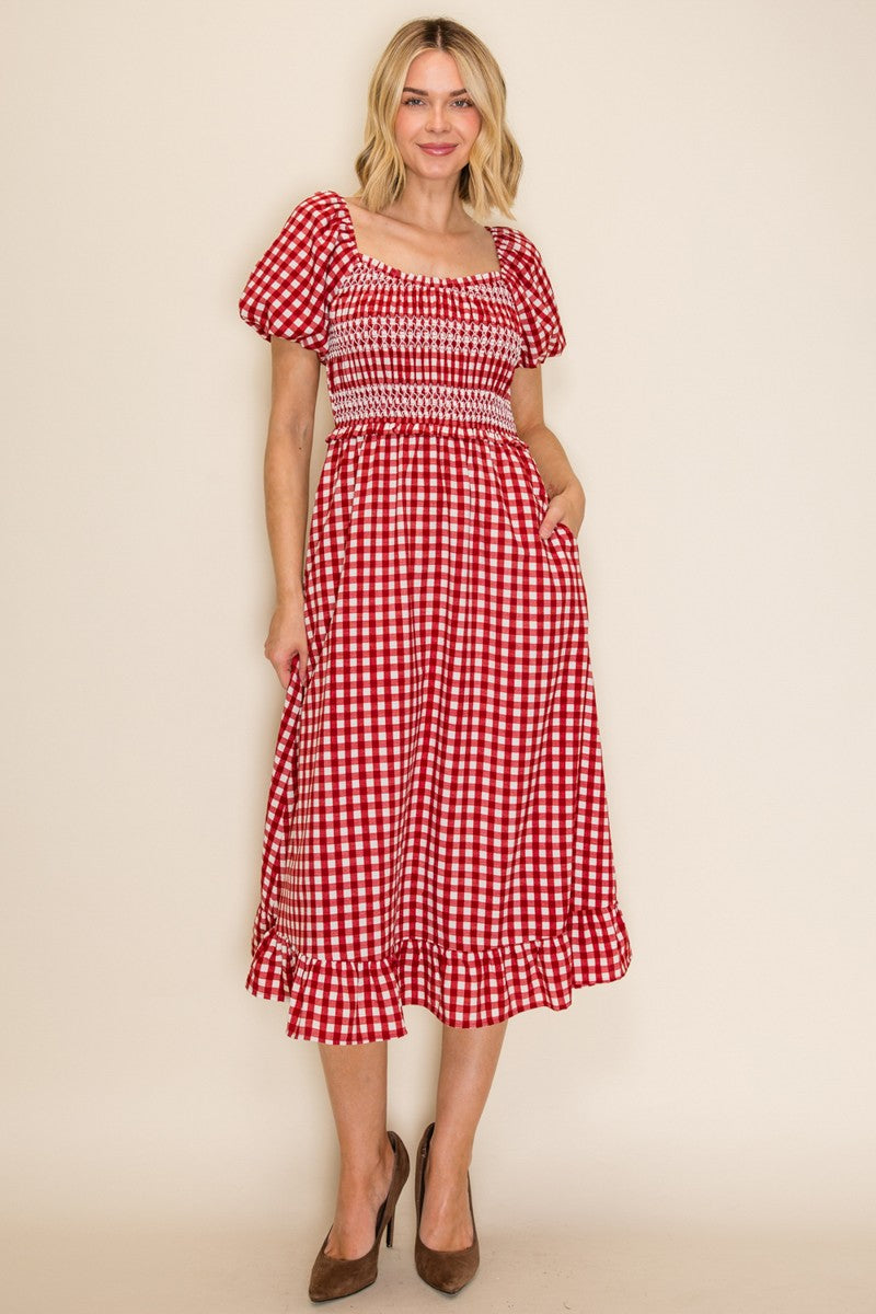 Smocked Bodice Gingham Puff Sleeve Dress