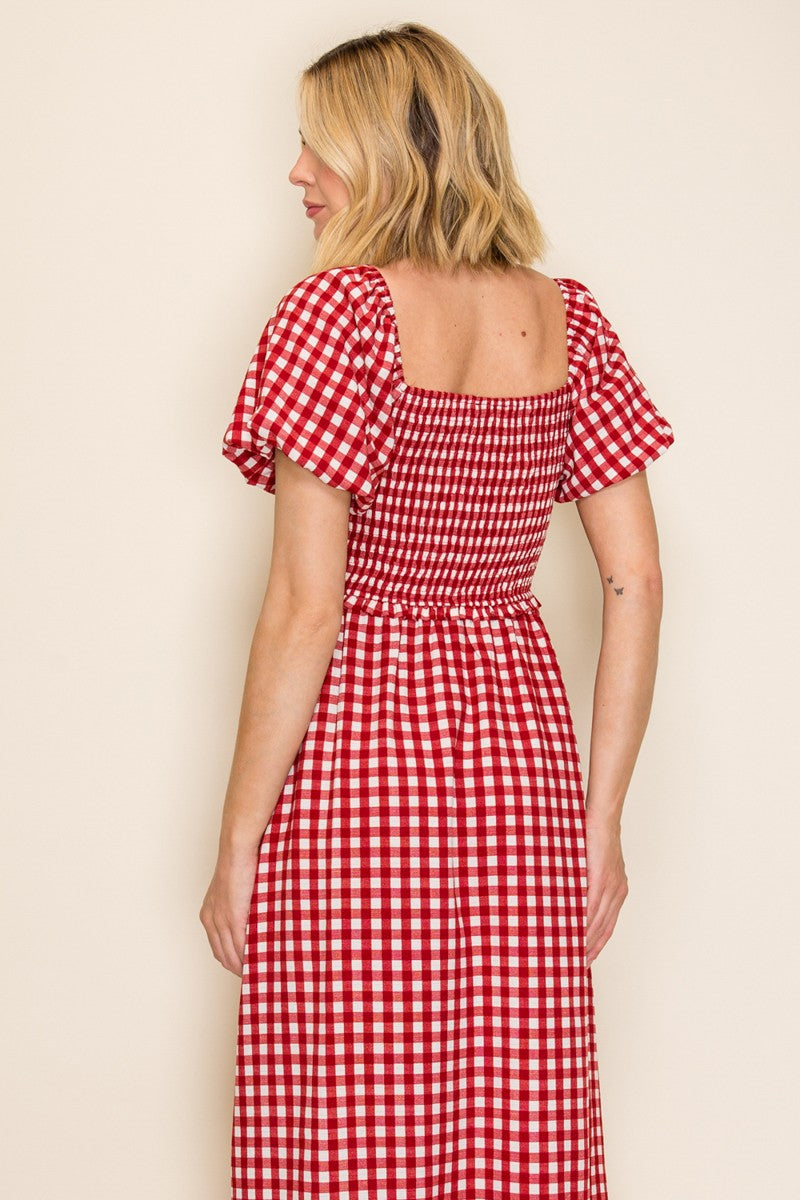 Plus Size Smocked Bodice Gingham Puff Sleeve Dress