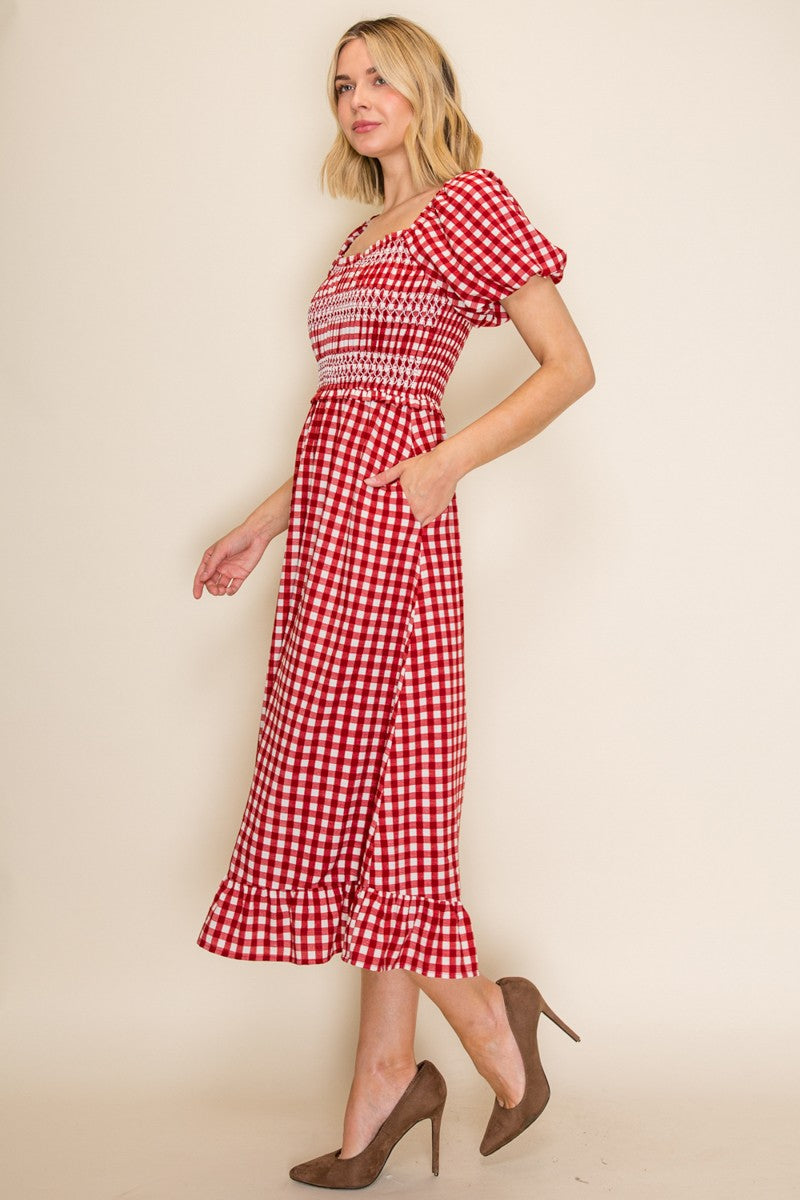 Smocked Bodice Gingham Puff Sleeve Dress