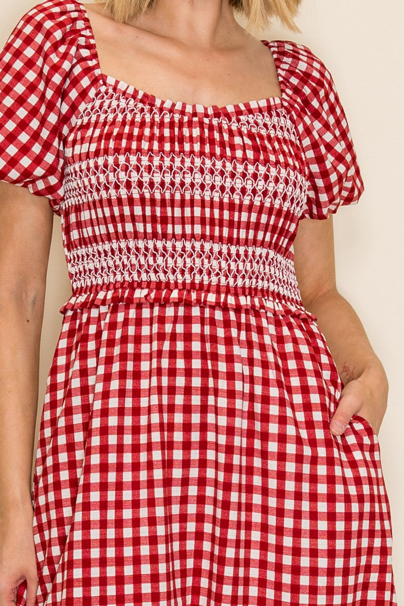 Plus Size Smocked Bodice Gingham Puff Sleeve Dress