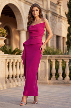 Asymmetric Column Couture Formal Dress With Belt