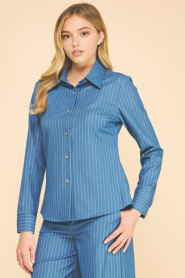 Pinstriped Faux Denim Oversized Tapered Dress Shirt