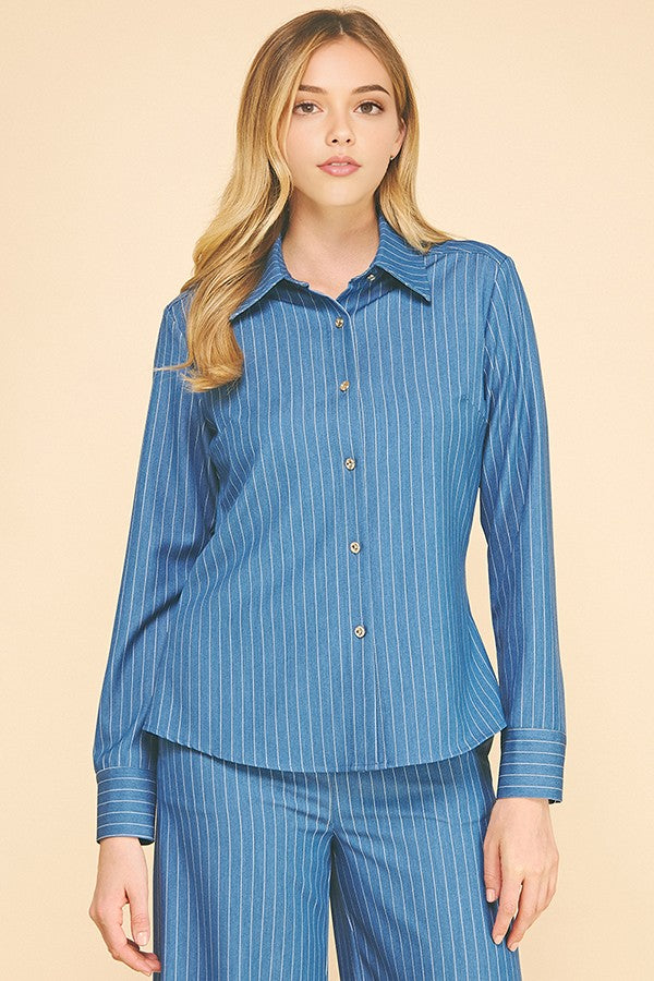 Pinstriped Faux Denim Oversized Tapered Dress Shirt