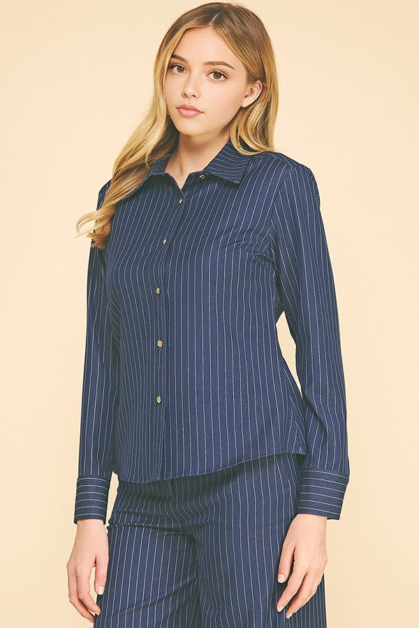 Pinstriped Faux Denim Oversized Tapered Dress Shirt