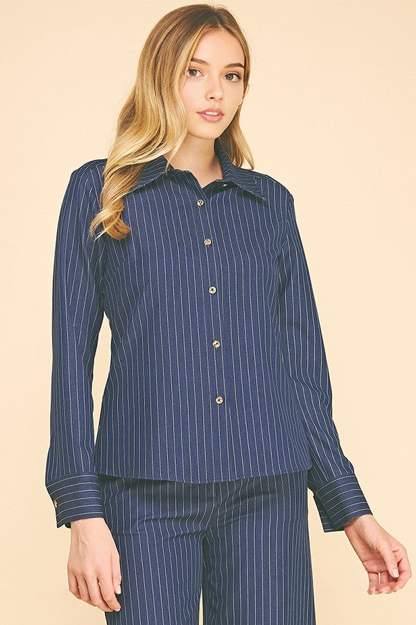 Pinstriped Faux Denim Oversized Tapered Dress Shirt