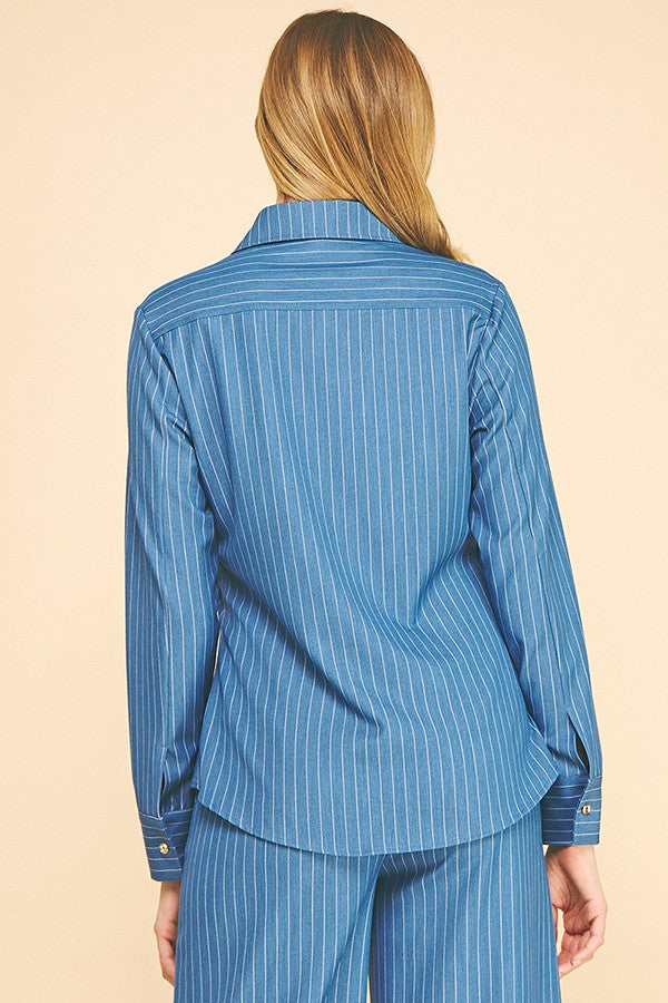 Pinstriped Faux Denim Oversized Tapered Dress Shirt