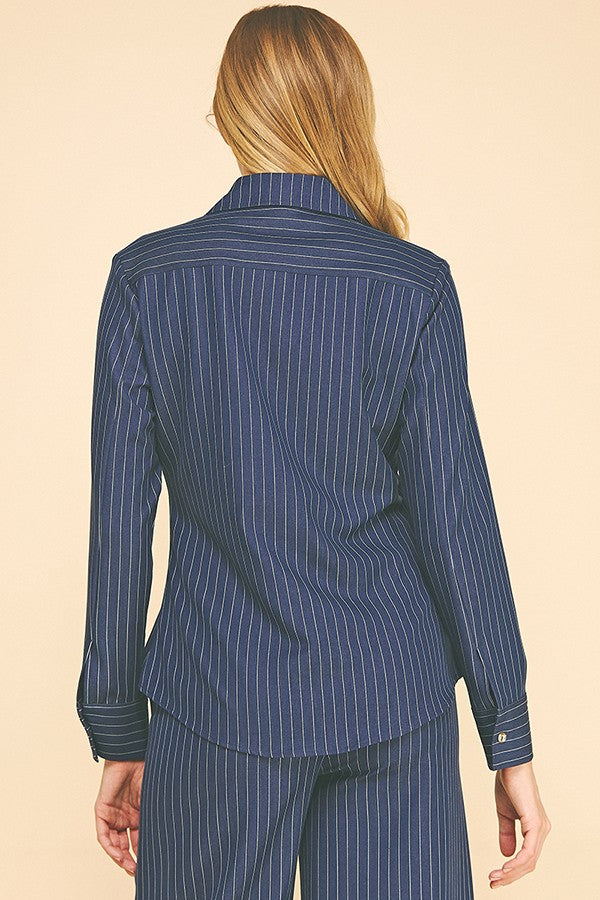 Pinstriped Faux Denim Oversized Tapered Dress Shirt