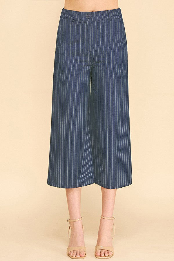 Pinstriped Faux Denim Wide Leg Cropped Trousers